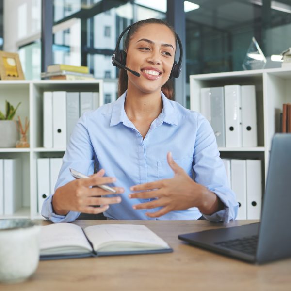 Call center, video call and office woman on laptop for customer service, business advisory and tele